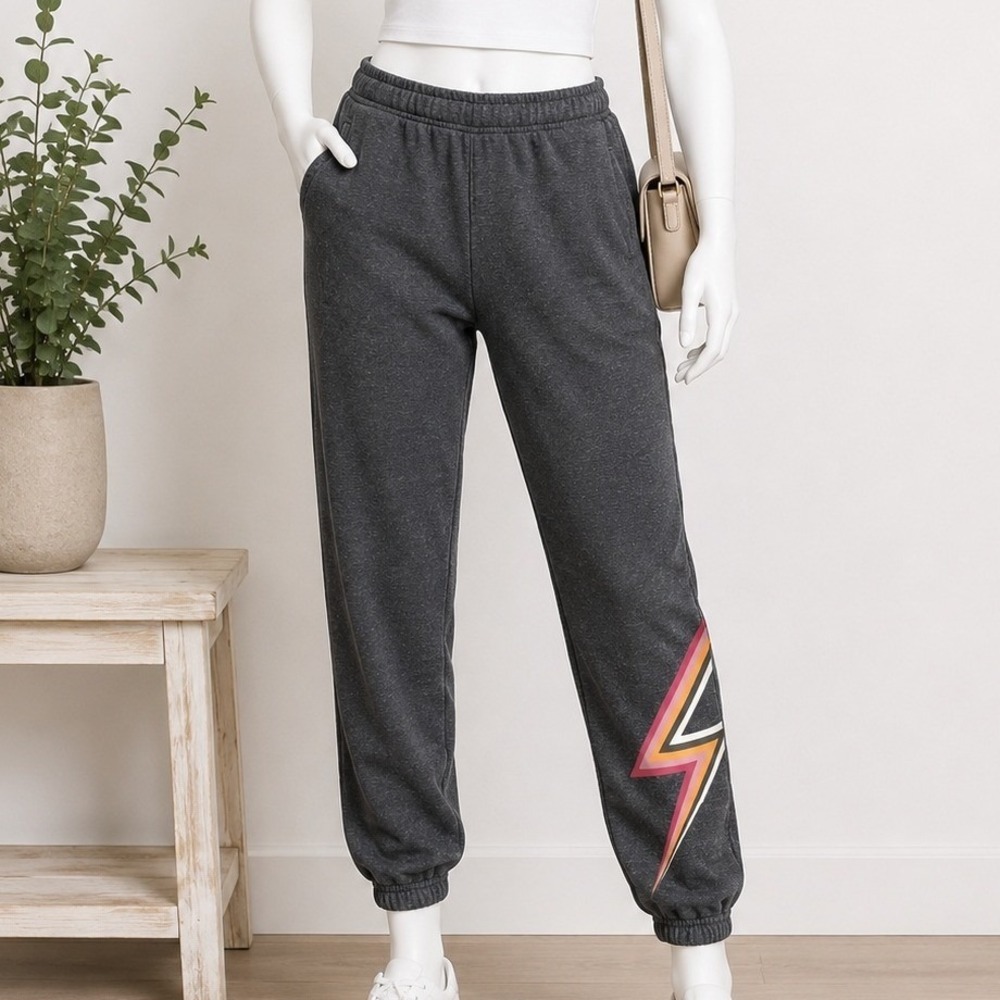 Z Supply Womens Joggers Charcoal Gray Lightning Bolt Graphic XS
